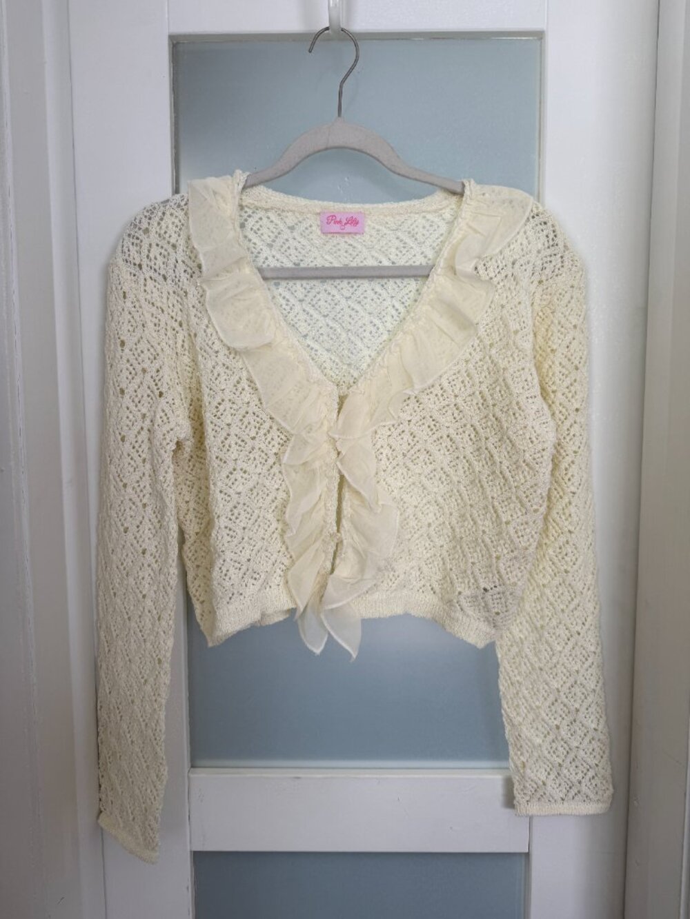 Pink Lily Ruffle-Front Knit Cardigan - L - Picture 3 of 8